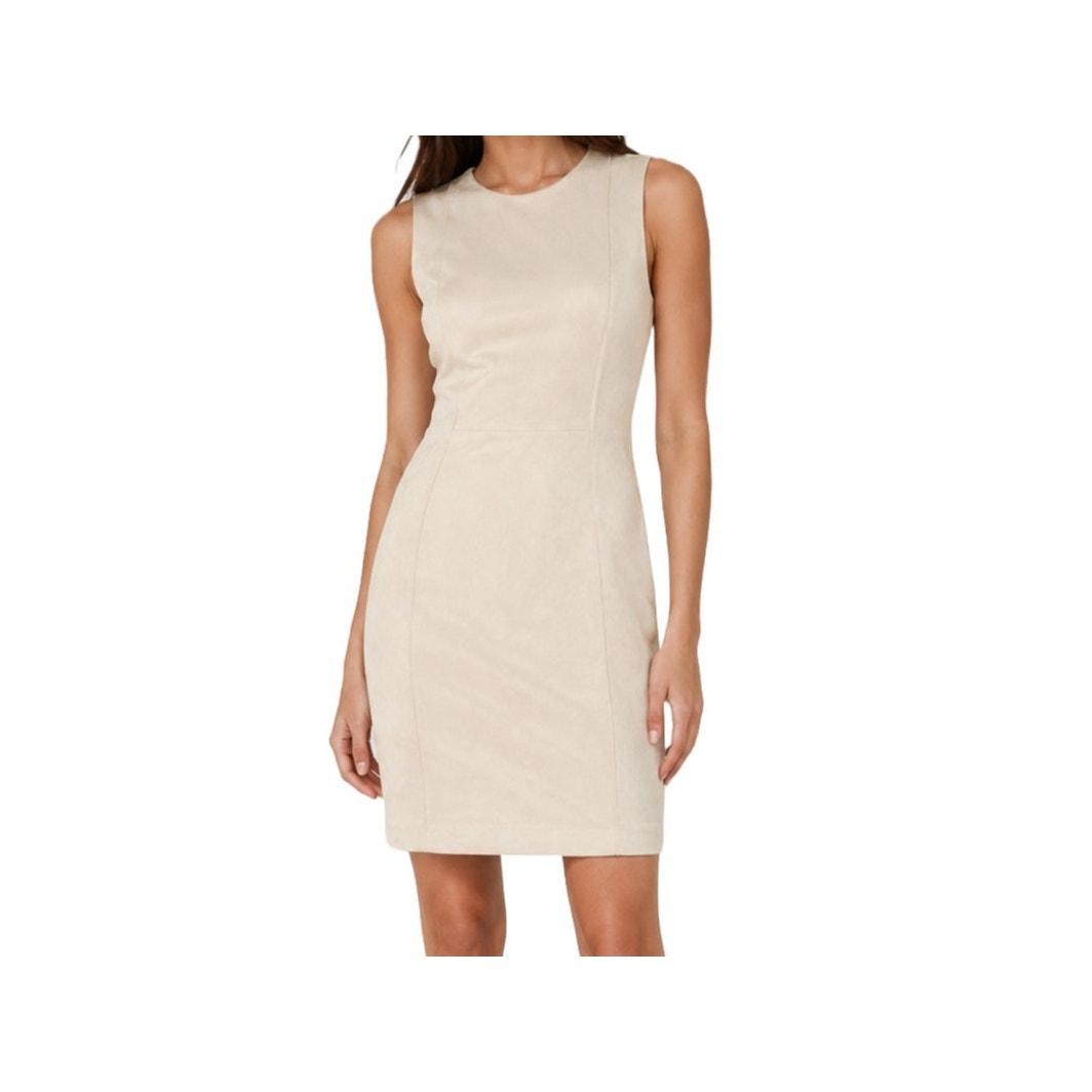 Calvin Klein Faux Suede Sheath Dress Soft Beige Sleeveless Gold Zip Back Size 4
